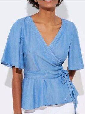 LOFT Blue Wrap Peplum Tie-Waist Blouse